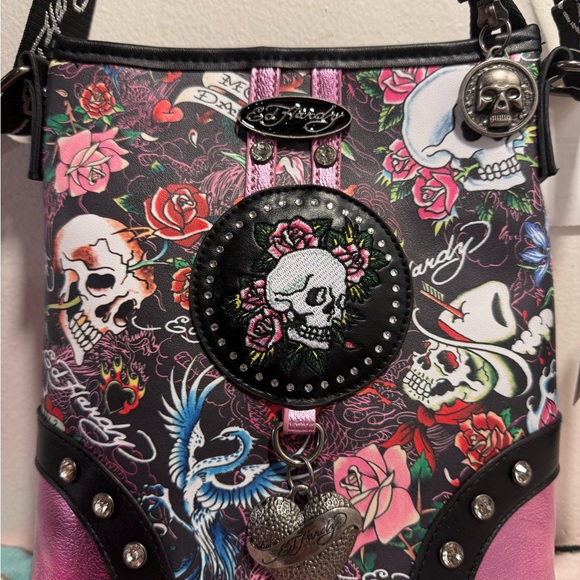 Ed Hardy Skull & Roses Studded Crossbody Bag BNWT - Picture 2 of 7
